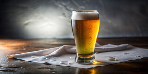  Chilled craft beer in glass on craft paper, ideal for brewery marketing. Beer glass atop paper, a casual unwind moment.