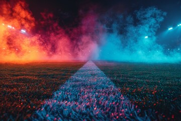Vibrant red and blue smoke drifts along a stark white line on a lush soccer field's grass