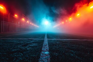A soccer field immersed in a mysterious fog, illuminated by eerie red and blue lights