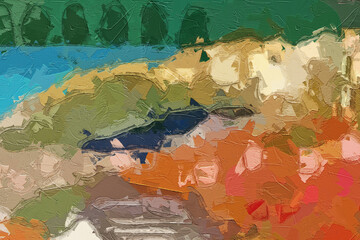 Naklejka premium Oil paintings and various flower ponds, chrysanthemums, mountains, cacti, and ponds are beautiful