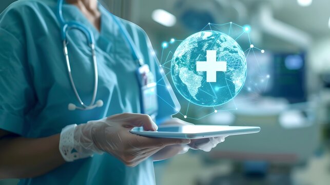 Healthcare Professional with Digital Tablet Showcasing Global Health Concept. Modern Medical Technology. Futuristic Healthcare Communication. AI
