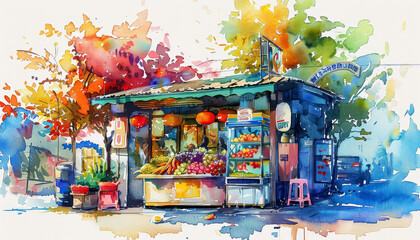 A colorful painting of a fruit stand with a sign that says "Fresh Produce"