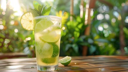 A glass filled with lemonade, lime slices, and fresh mint leaves, creating a cool and invigorating drink