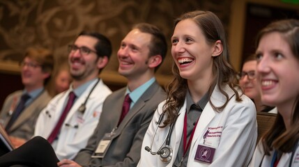 Obraz premium Female and male doctors serving as keynote speakers at a healthcare seminar, engaging the audience with compelling insights.