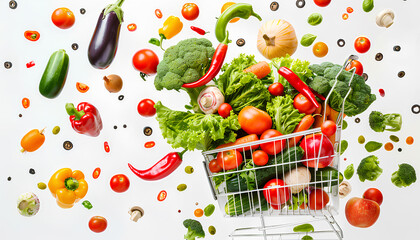 Market assortment. Different products falling into shopping cart on white background