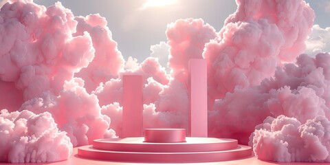 Pink Plinth stage with Clouds. Podium background for Product display.