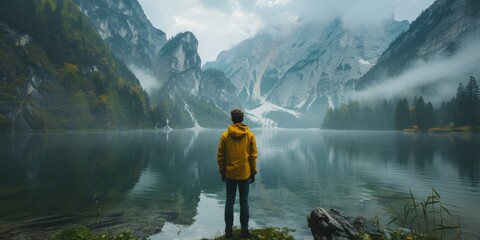 Man standing near calm lake in mountains during vacation
