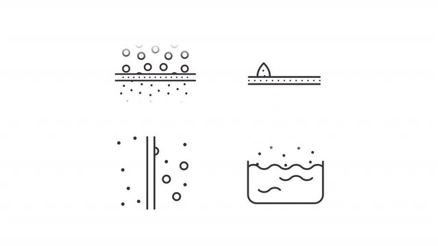 Water filtration types animation set. Reverse osmosis membranes animated line icons. Liquid distillation. Black illustrations on white background. HD video with alpha channel. Motion graphic