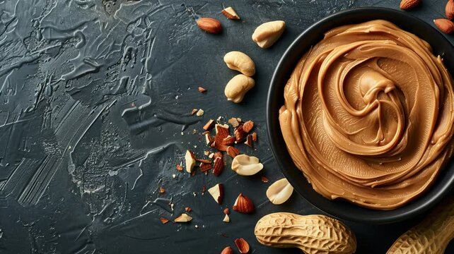 Peanut butter on bowl with peanut