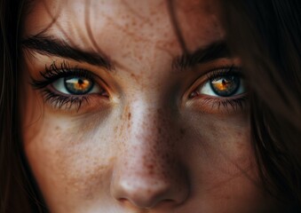 Close-up Portrait of Woman with Intense Hazel Eyes and Freckles