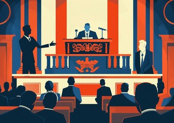 Political Debate in Courtroom with Candidate Speaking to Audience Illustration - obrazy, fototapety, plakaty
