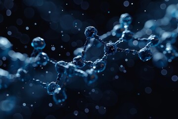 An intricate blue molecular structure complemented by bokeh dots for a scientific and technological feel