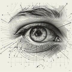 Fototapeta premium vintage human eye with overlaying diagram lines, illustrating ocular anatomy and geometry sketch engraving generative ai vector illustration. Scratch board imitation. Black and white image.