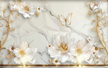 Elegant marble background with golden floral accents and butterflies