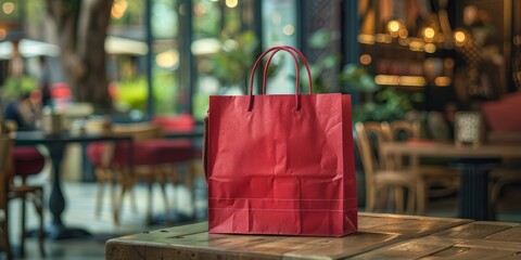 A red shopping bag sitting on top of a table
