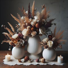 Dried and fresh flowers in a white ceramic vase.
