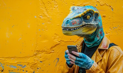 Man wearing dinosaur mask and using smart phone in front of yellow wall