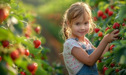 Young girl holding and eating strawberries after picking them in a strawberry field. Strasslach, Germany