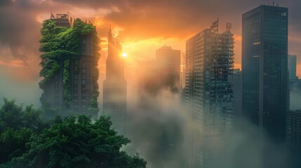 Ruined city buildings overtaken by nature, vines covering crumbling skyscrapers with a foggy sunrise in the background