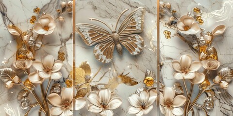 Golden butterfly and flowers on elegant marble backdrop