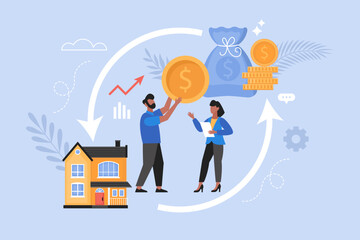 Reverse mortgage home loan business concept. Modern vector illustration of homeowner borrow money against the value of the house