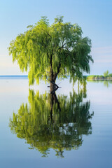 An isolated willow tree on the lake with reflection