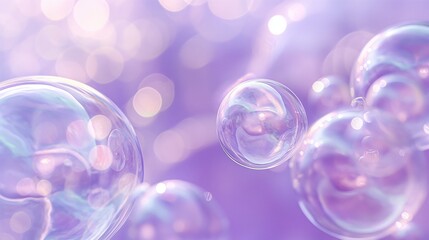 A collection of soap bubbles, their surfaces a swirl of reflecting and refracting light, set...