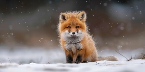 Cute red fox with fluffy fur on snow ground