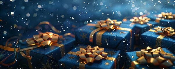 Generative AI illustration of blue gifts with golden bows and ribbons placed on blue background near stars
