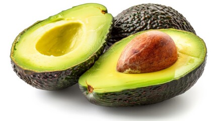 A detailed view of a split avocado, highlighting the smooth texture and natural details, set against white
