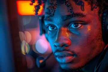 A portrait of a young man with vibrant colored lights reflecting on his face, expressing mood and emotion