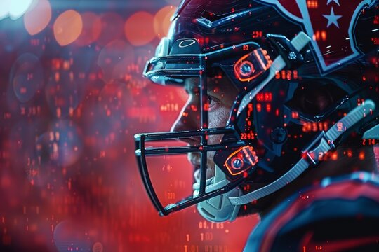 A close-up shot of an American football helmet with glowing red heads-up display, set against a futuristic backdrop