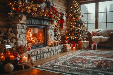 An inviting holiday scene within a wooden cabin featuring a stone fireplace, adorned Christmas tree, and a warm, welcoming atmosphere
