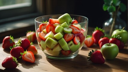 a vibrant fruit salad with red strawberries and green apples in a little glass on a wooden table