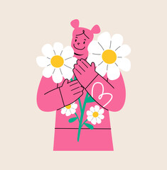Women with bouquet of blossom flowers. Colorful vector illustration