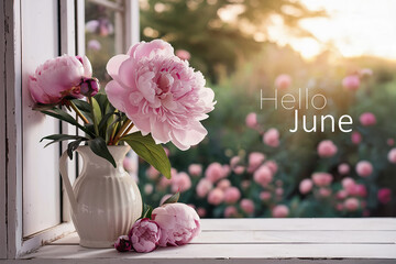 Hello June greeting text. Pastel pink peony flowers in  a vase, blurred  blooming garden view on background, rustic style. 