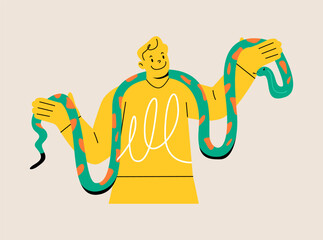 Man with long snake around neck. Colorful vector illustration