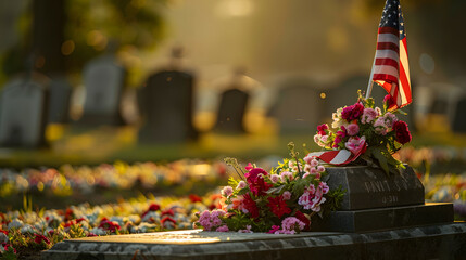 Close-up shot of a gravestone adorned with wraith, flowers and US flag, Cemetery of American soldier for Memorial Day.