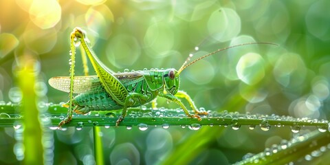 A delicate green grasshopper, almost transparent, clings to a fresh blade of grass dotted with morning dew, showcasing nature's elegance - Powered by Adobe