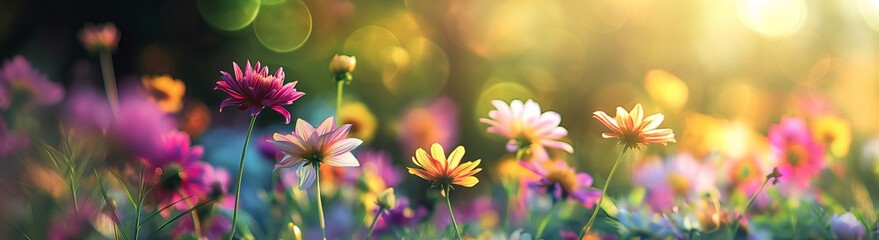 Colorful wildflowers in sunlit meadow. Spring or summer garden concept. Image for greeting card, calendar, and wallpaper. Banner with copy space.