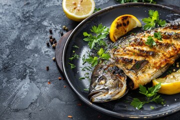 Top view of roasted fish with lemon and parsley on the plate, organic healthy food. Concept of detoxification and clean diet.