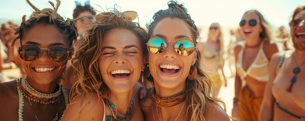 Group of friends laughing, having fun and partying in a dirty desert festival together.