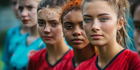 Obraz premium Determined multiethnic female soccer players ready for the game.