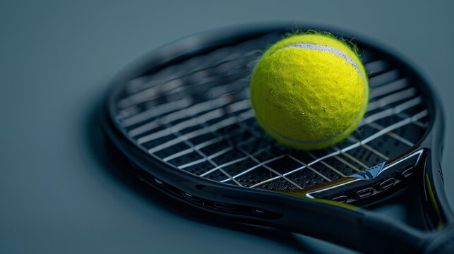 Macro shot of a padel racket and ball, fine details like fiber and texture highlighted, against a gradient grey background, clinical lighting