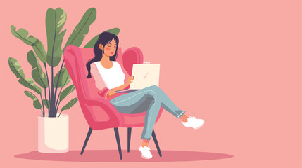 Young woman using laptop in armchair on pink background