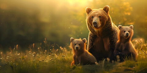 A mother bear and her cubs is sitting on grass field with blurred sunny background.