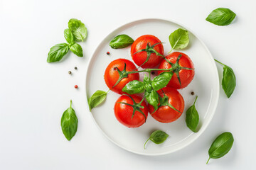 tomatoes with basil leaves on a white plate, isolated on white, top view.