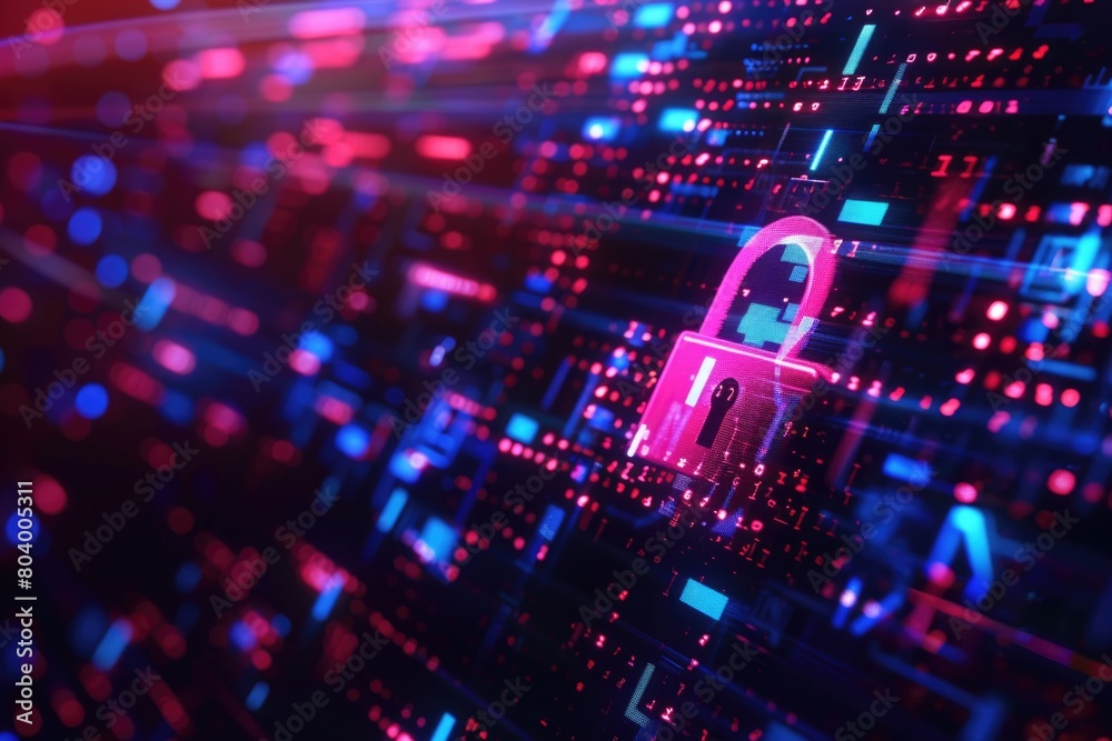 Poster image of a computer screen with a lock icon. suitable for cybersecurity concepts