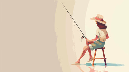 Young woman with fishing rod sitting on stool against