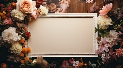 Empty photo frame on a dark background with flowers. Mockup in a classic style. Natural Business Template. 